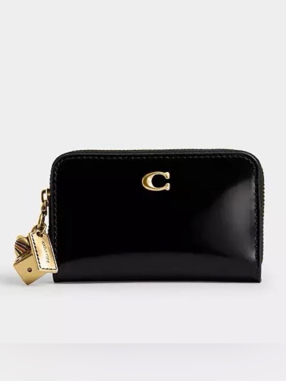 Coach Small Zip Around Card Case Wallet with Charms Black Spazzolato Leather NWT
